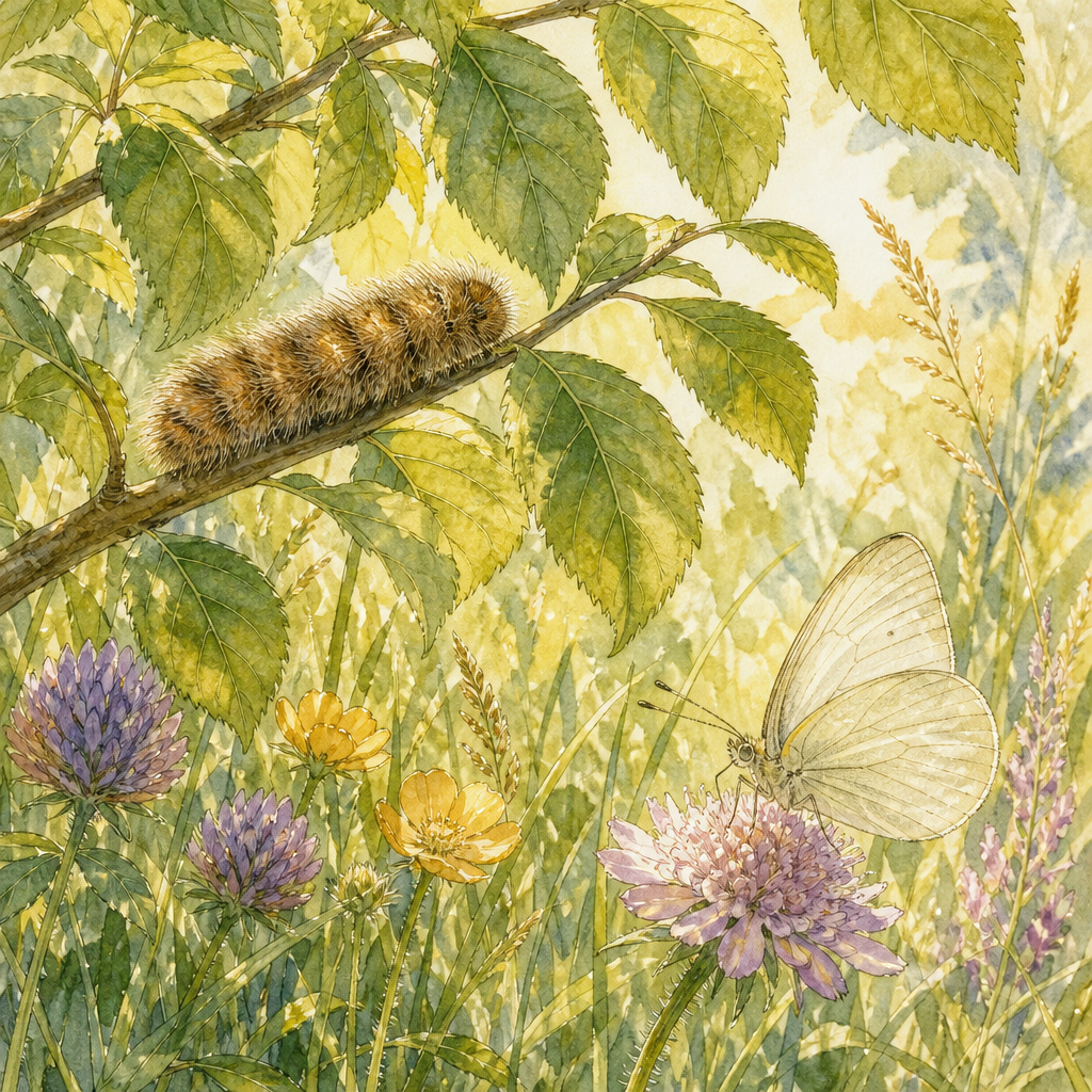 A fuzzy caterpillar on a leafy branch with a butterfly nearby, illustrating Emily Dickinson's poem A fuzzy fellow, without feet
