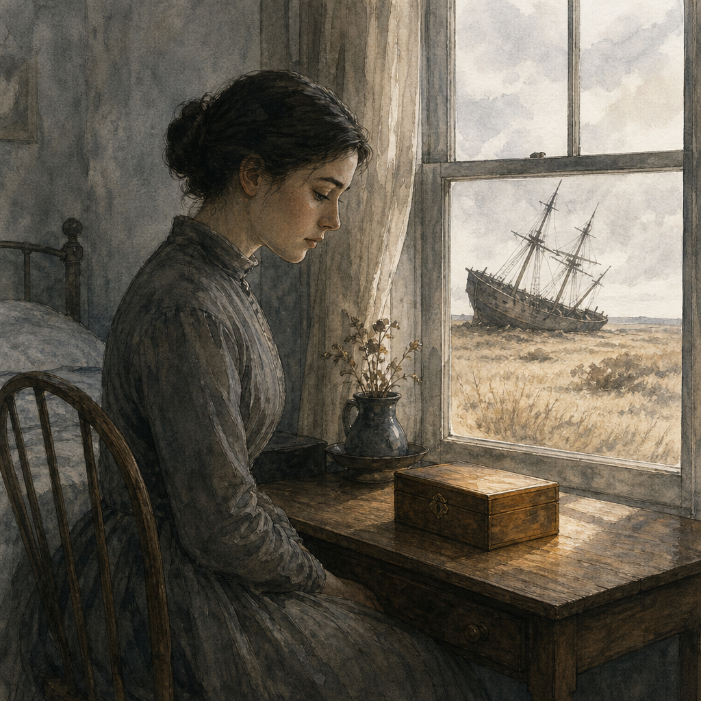 A woman sits by a window gazing at a small closed box, a stranded shipwreck outside, illustrating A great Hope fell.