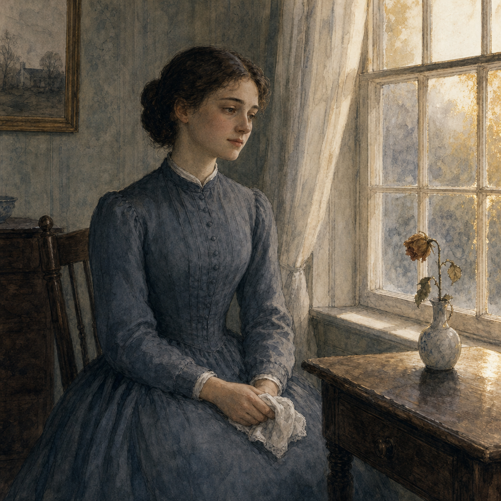 A woman with a composed smile and sad eyes sits by a window, illustrating Emily Dickinson's poem A happy lip—breaks sudden.