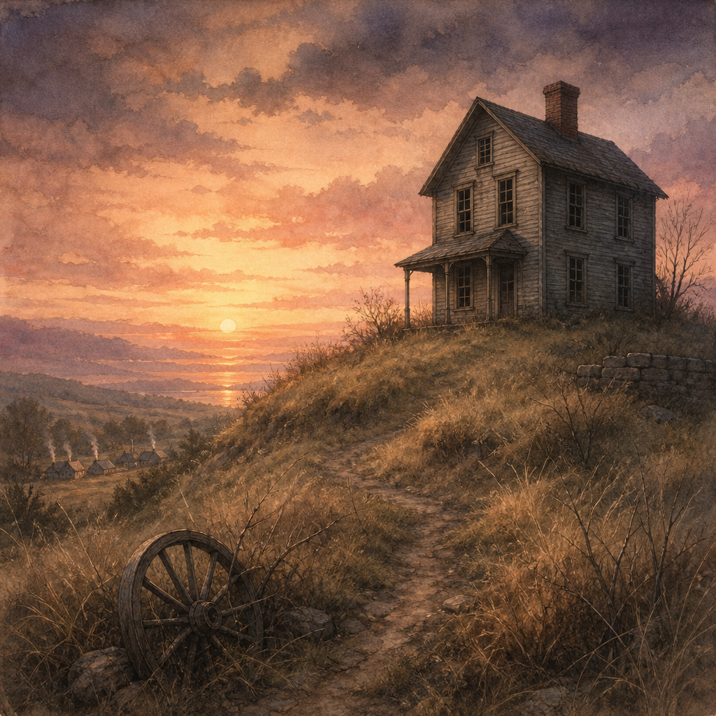 An empty hilltop house with dark windows glowing in the sunset, illustrating Emily Dickinson's poem A House upon the Height.