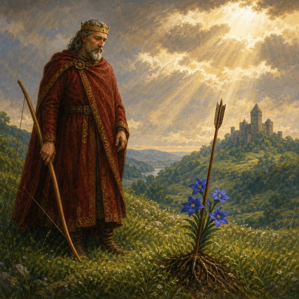 King Ladislaw gazes at an arrow pierced through a gentian root in A Legend of the Gentian
