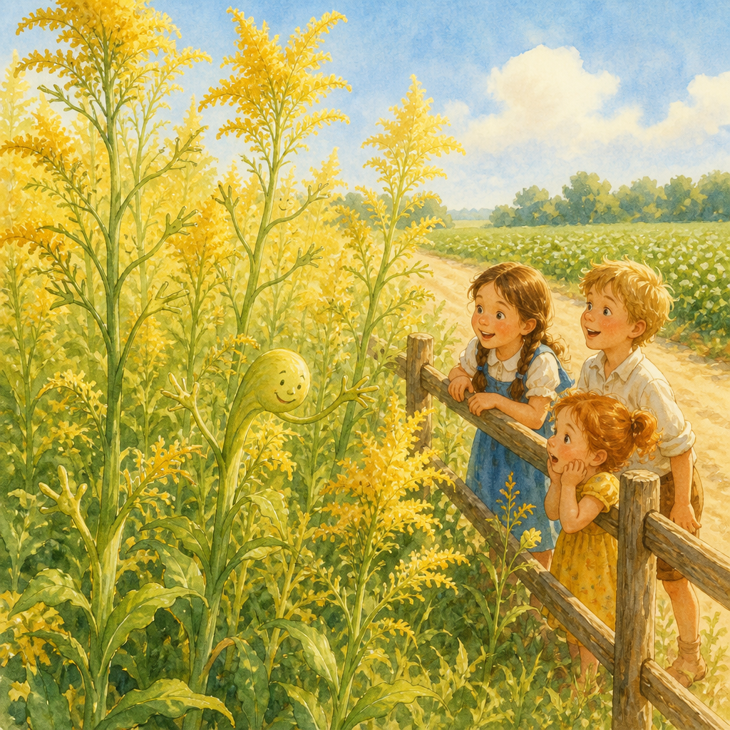 Children at a fence admire weeds turned golden in A Legend of the Golden-Rod