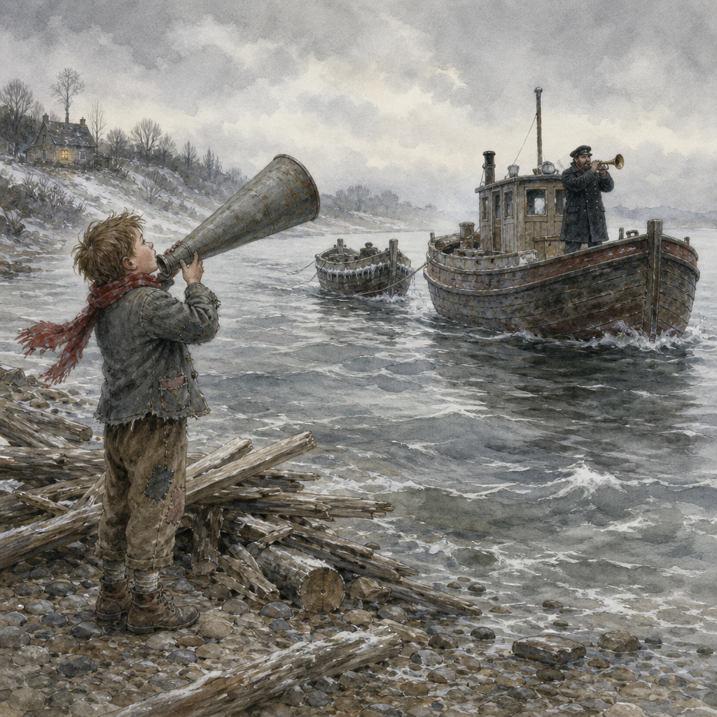 Ben shouts through a tin megaphone to a barge captain on the icy river in A Turkey for the Stuffing.