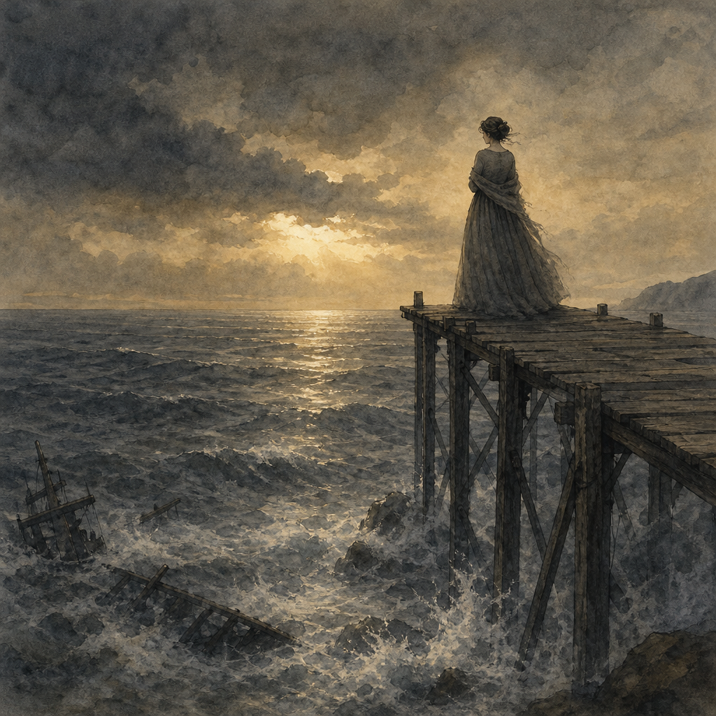 A lone figure on a pier above a dark tide, illustrating Emily Dickinson's poem Above Oblivion's Tide there is a Pier.