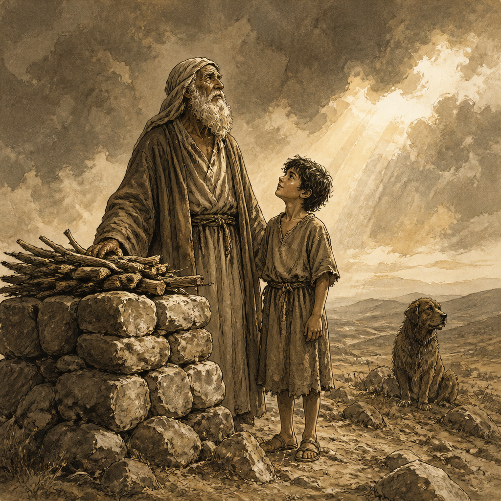 Ink-and-wash scene for Emily Dickinson's "Abraham to kill him—": an old man and a boy beside a stone altar.