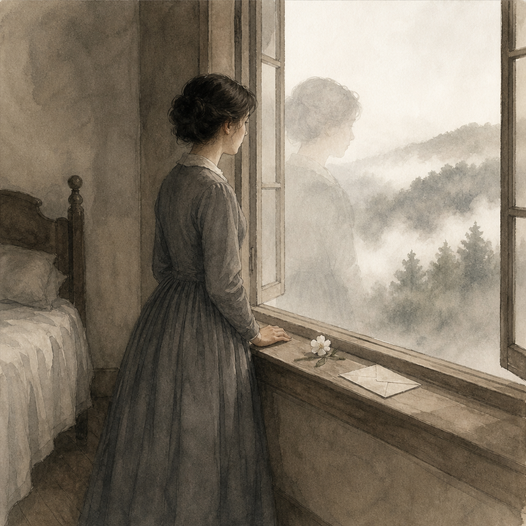 Woman at a window gazing into fog, her reflection fading, illustrating Emily Dickinson's poem Absence disembodies—so does Death