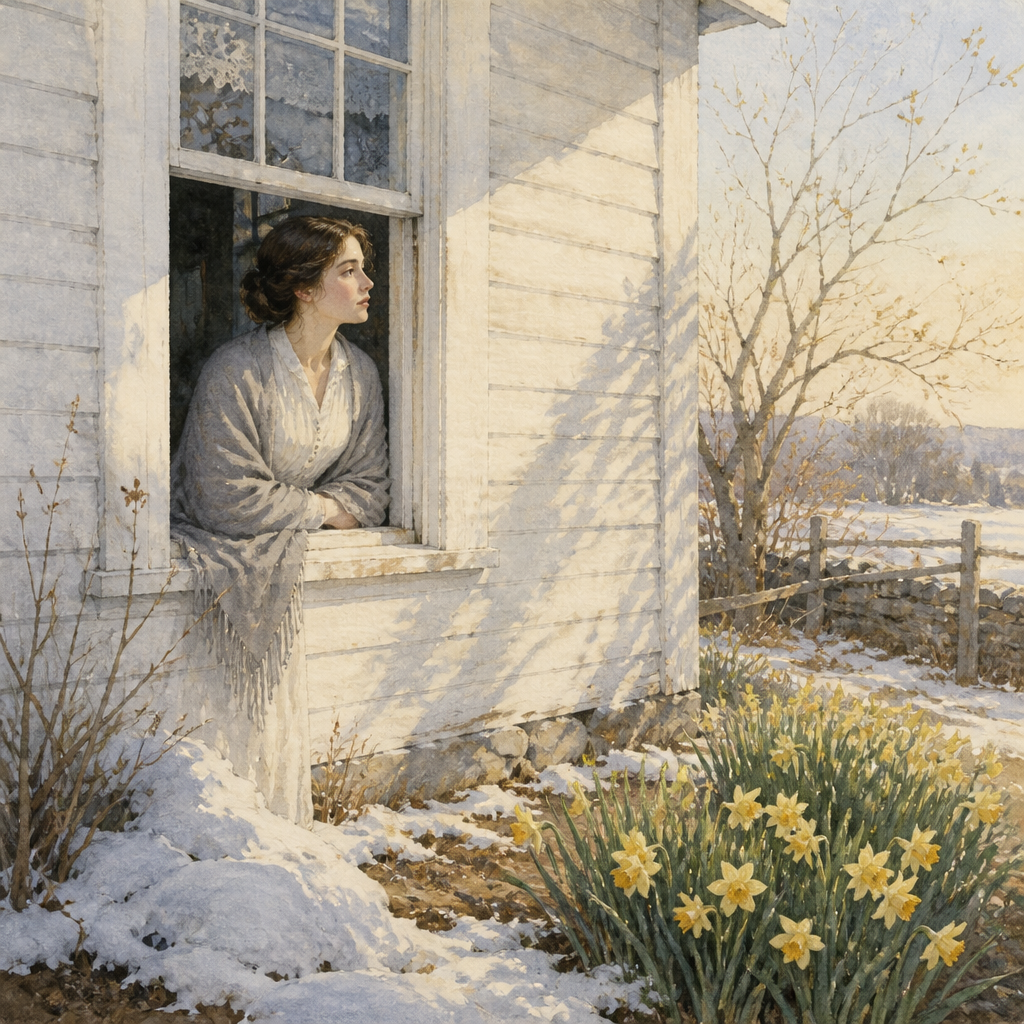 Woman at a window gazing at daffodils and lingering snow, illustrating Emily Dickinson's poem Absent Place—an April Day.