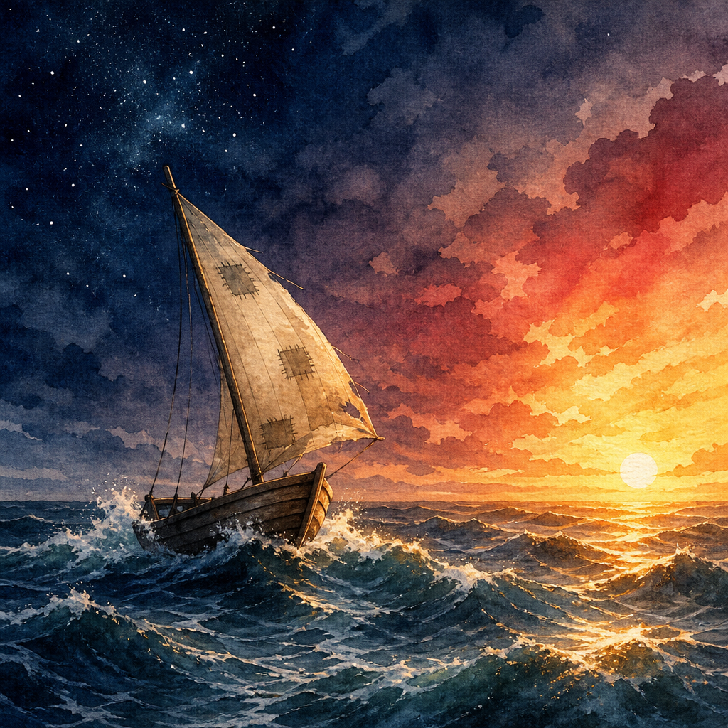 A small patched sailboat lifts its sails and speeds across the sea at dawn, illustrating Emily Dickinson's "Adrift! A little boat adrift!"