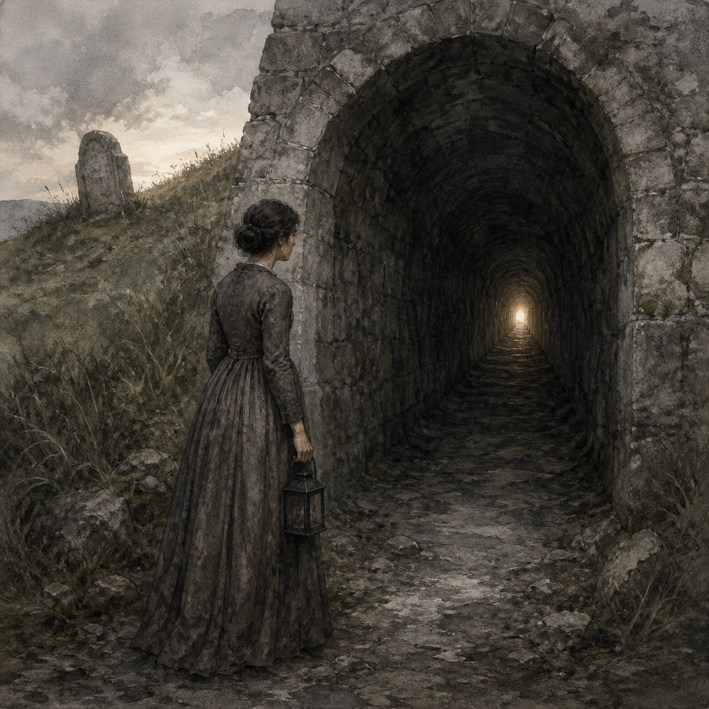 Woman with a lantern at a dark tunnel entrance, illustrating Emily Dickinson's poem Advance is Life's condition.