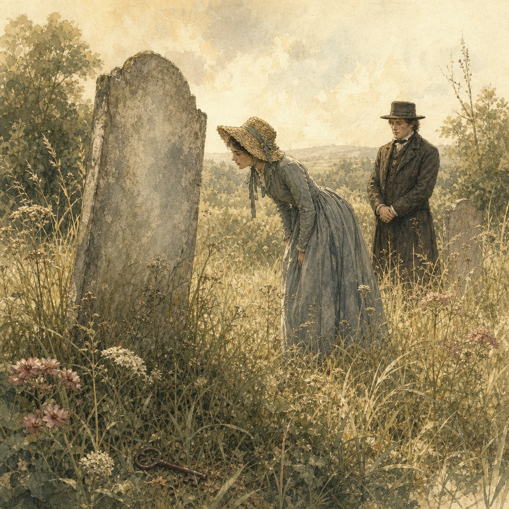 Two strangers read a weathered gravestone in an overgrown summer graveyard, illustrating Emily Dickinson's After a hundred years.
