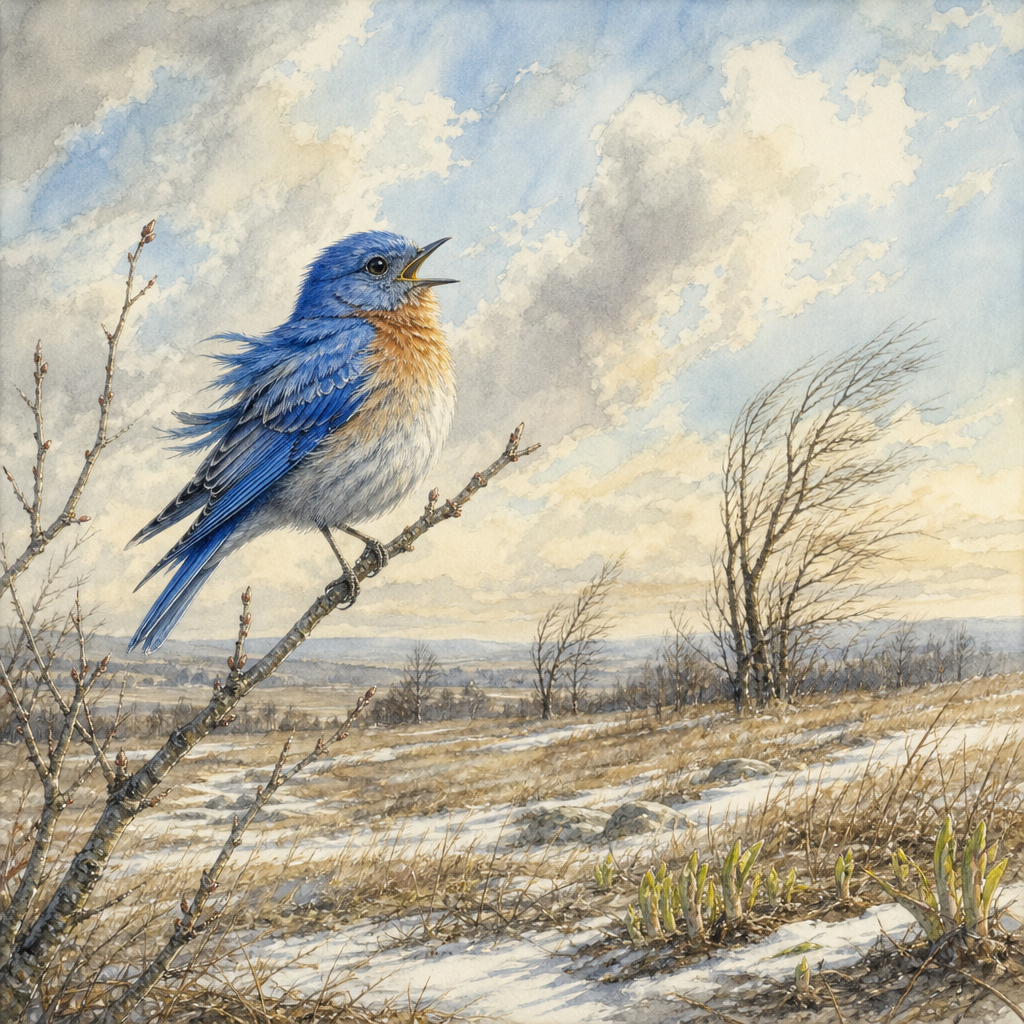 A bluebird sings on a bare branch against the March wind, illustrating Emily Dickinson's poem After all Birds have been investigated.