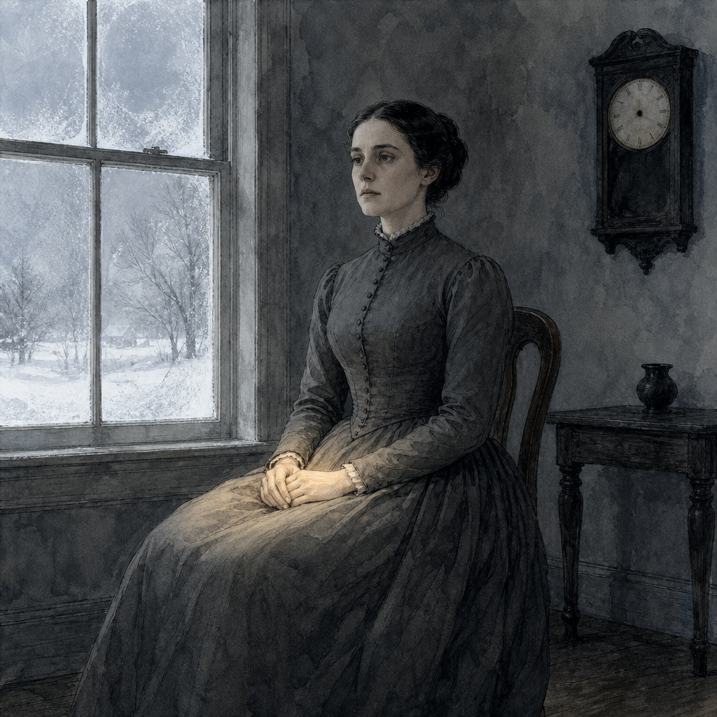 Woman sitting motionless in a frosty Victorian parlour, illustrating Emily Dickinson's poem After great pain, a formal feeling comes