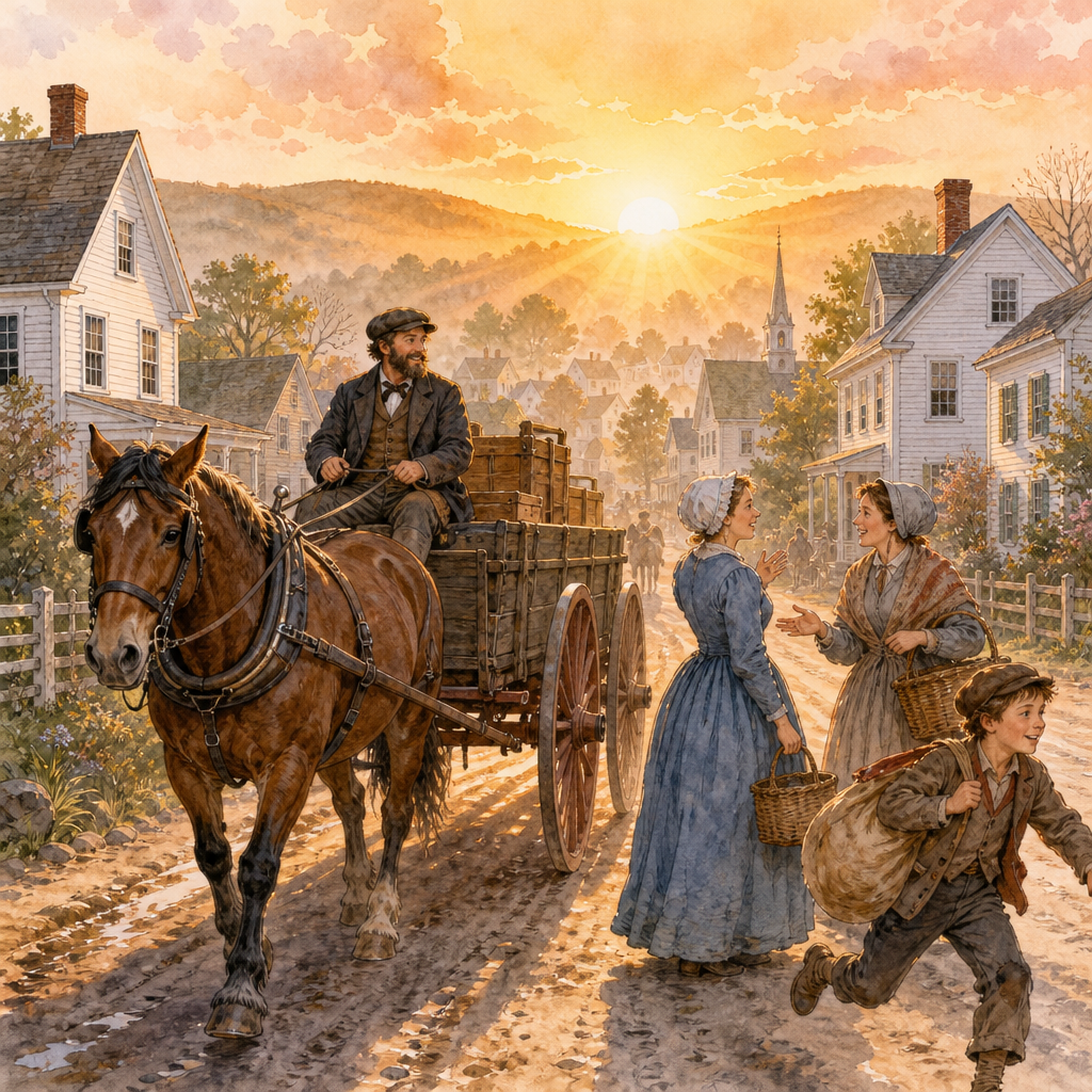Villagers and a horse-drawn wagon hurry through a golden sunrise in an illustration for Emily Dickinson's After the Sun Comes Out