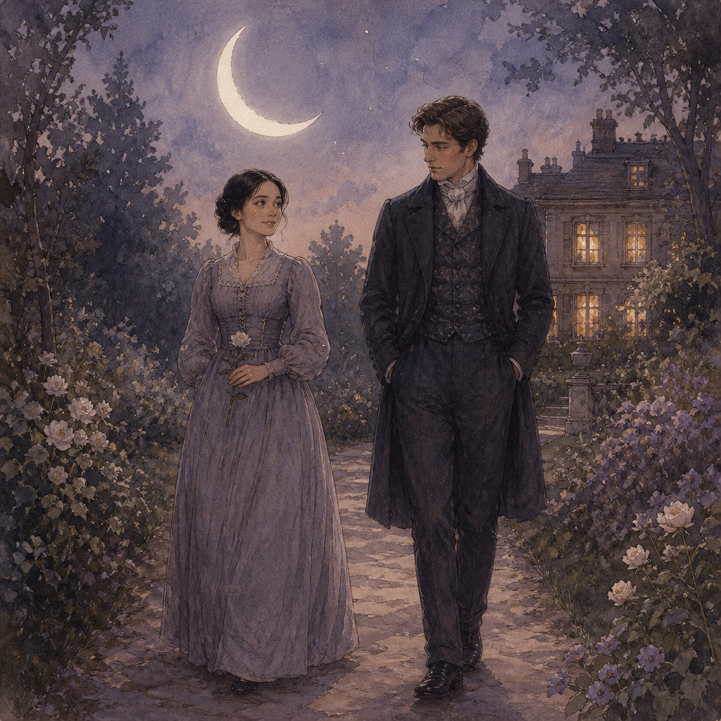 A woman holding a flower walks with a man under the moon in the poem Again—his voice is at the door by Emily Dickinson