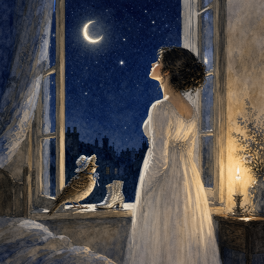 A woman at a window gazes at the moon and a star, a lark in a bonnet beside her, illustrating Ah, Moon—and Star!
