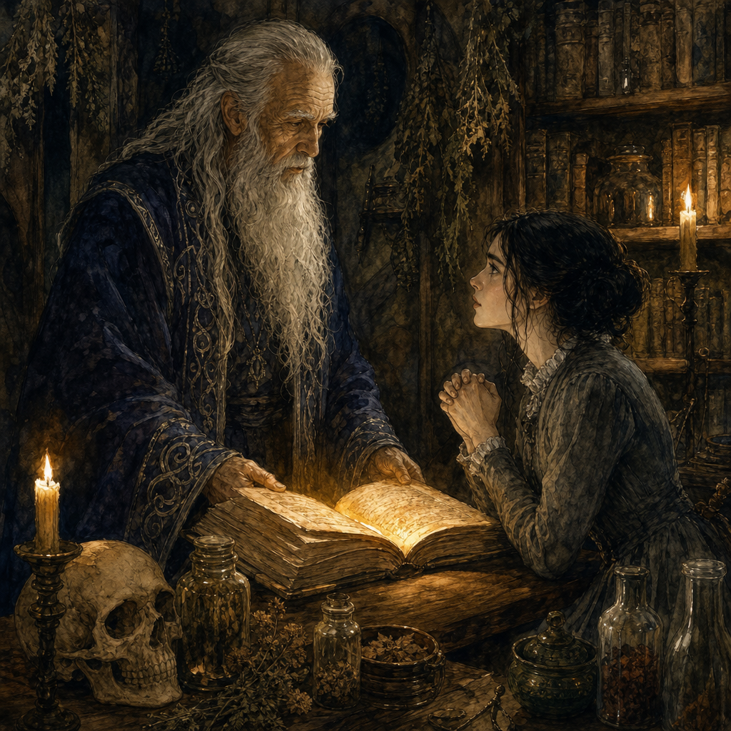 Young woman pleads with an old wizard in a candlelit study in the poem Ah, Necromancy Sweet! by Emily Dickinson