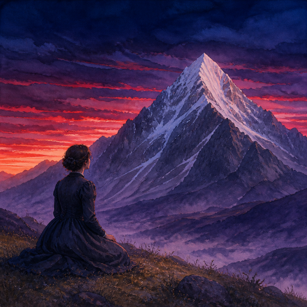Woman kneeling before a snow-capped mountain at sunset, illustrating Emily Dickinson's poem Ah, Teneriffe!