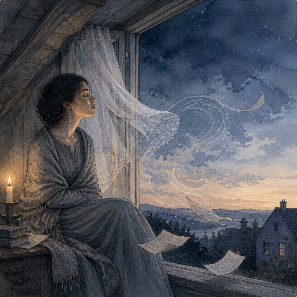 A woman sits at a window at dusk as the breeze stirs the curtain, illustrating Emily Dickinson's poem Air has no Residence.