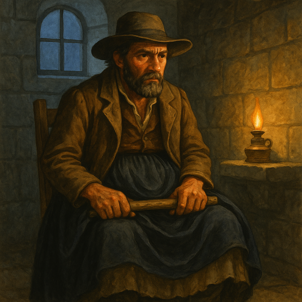A disguised farmer sits in a monastery cell, hiding a stick beneath his skirts, in "Ass or Pig"