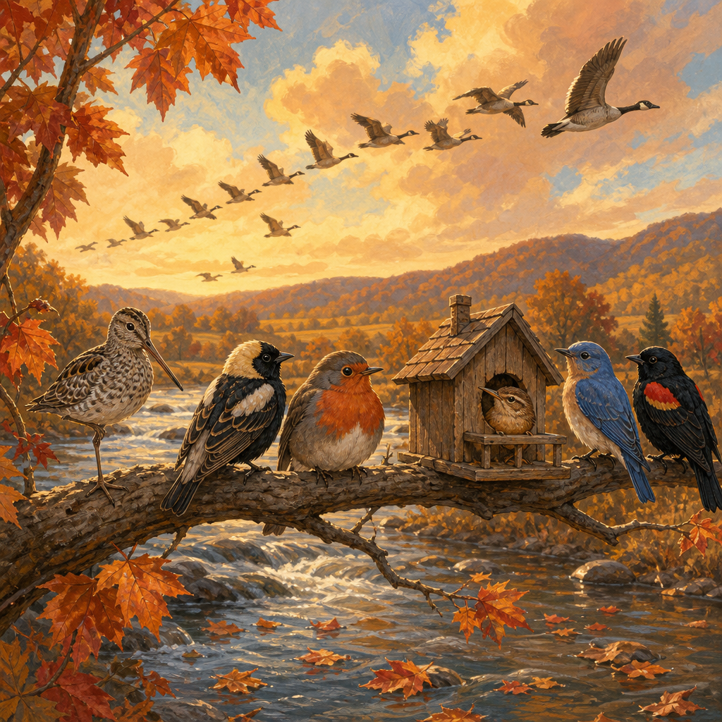 Autumn Among the Birds: a snipe, robin, wren and bluebird gather on a branch as wild geese fly south over a creek.