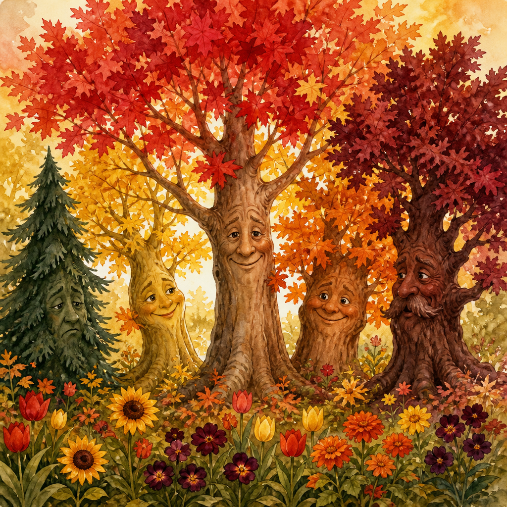 Maple, beech, chestnut and oak trees in bright autumn colors beside a green hemlock, illustrating Autumn Fashions.