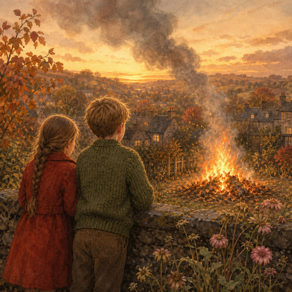 Two children watch bonfire smoke drift over the vale in an illustration for Autumn Fires by Robert Louis Stevenson.