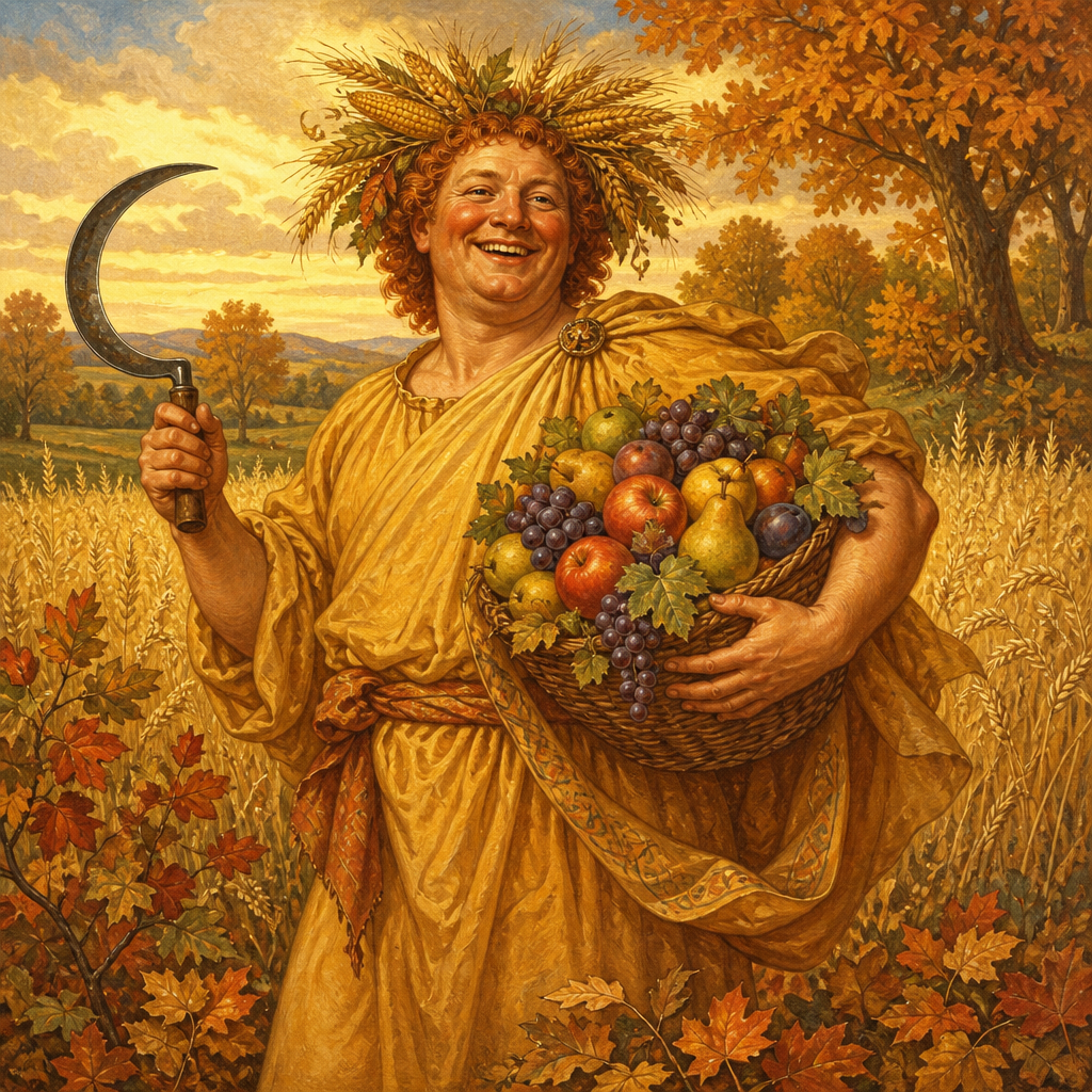Autumn by Edmund Spenser: a laughing figure in yellow with a corn wreath and sickle, holding fruit in a golden harvest field.