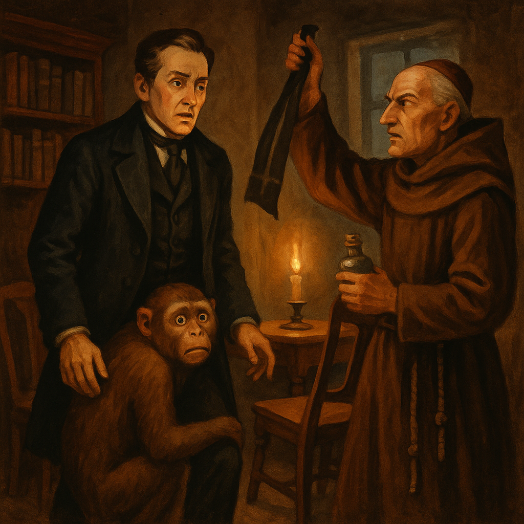 A lawyer faces a stern friar as a trembling monkey clings to his legs — a scene from Bellacuccia.