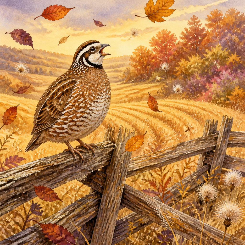 A speckled bobwhite quail whistles on a zig zag rail among autumn leaves in the poem Bob White by George Cooper.