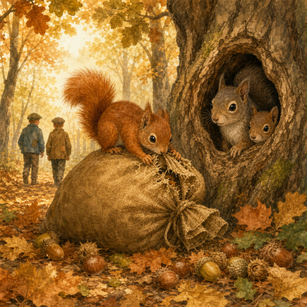 Little squirrel Bushy gnawing a hole in a boy's nut bag beside the hollow tree in the story Bushy's Bravery