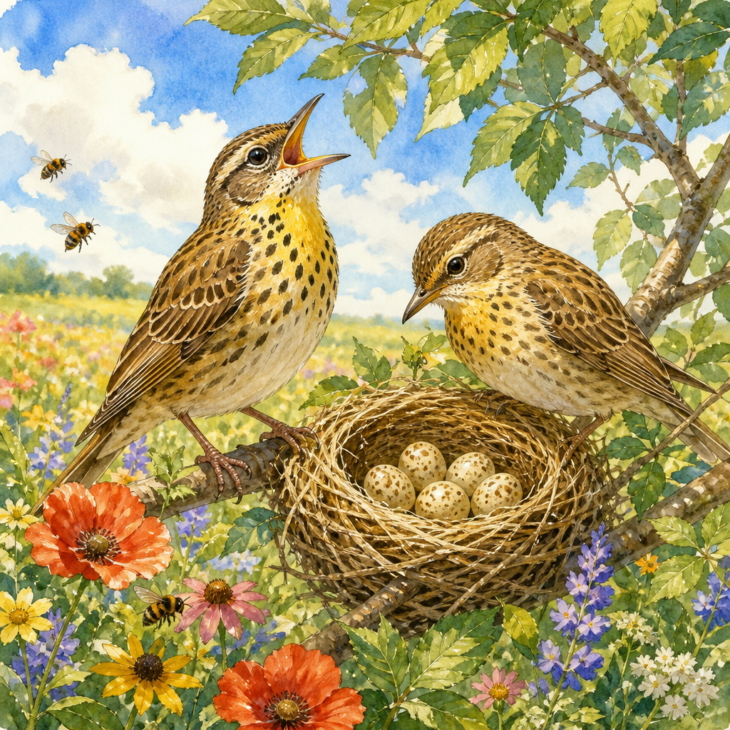 Two songbirds beside their nest of five speckled eggs in a flowery meadow, illustrating Coming and Going by Henry Ward Beecher.