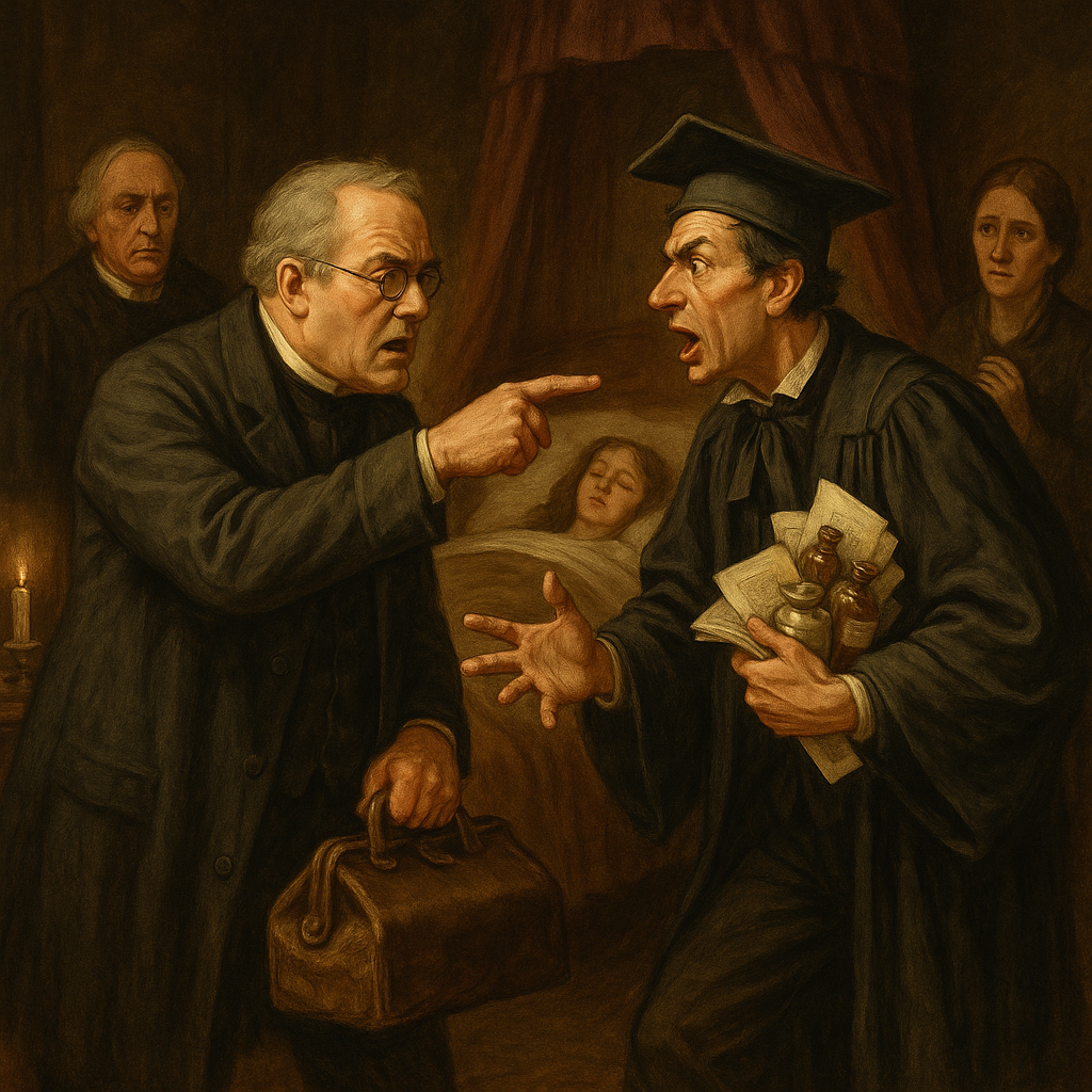 The real and false Doctor Grillo argue in a sickroom, in the short story Doctor Grillo by R.H. Busk.