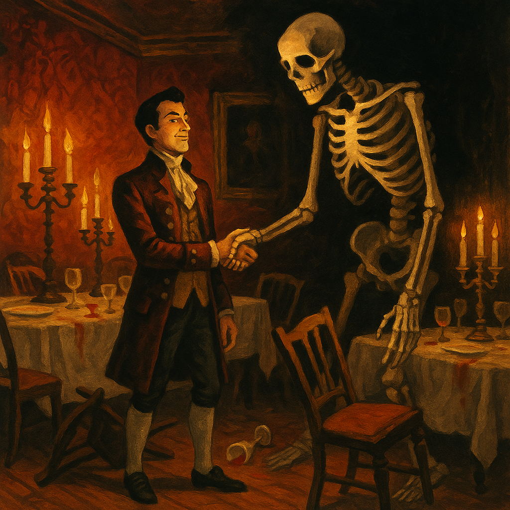 Don Giovanni boldly extends his hand to the white skeleton of the Commendatore in a candlelit room, in R.H. Busk's tale.