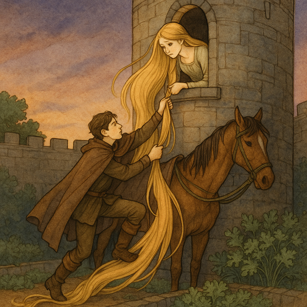 A golden-haired girl leans from a tower window as a prince climbs her hair — scene from Filagranata