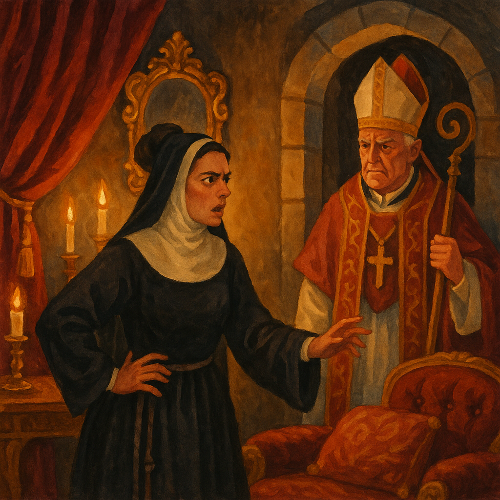 A proud noblewoman faces a disapproving bishop in her lavish convent cell, in Giacinta Marescotti.