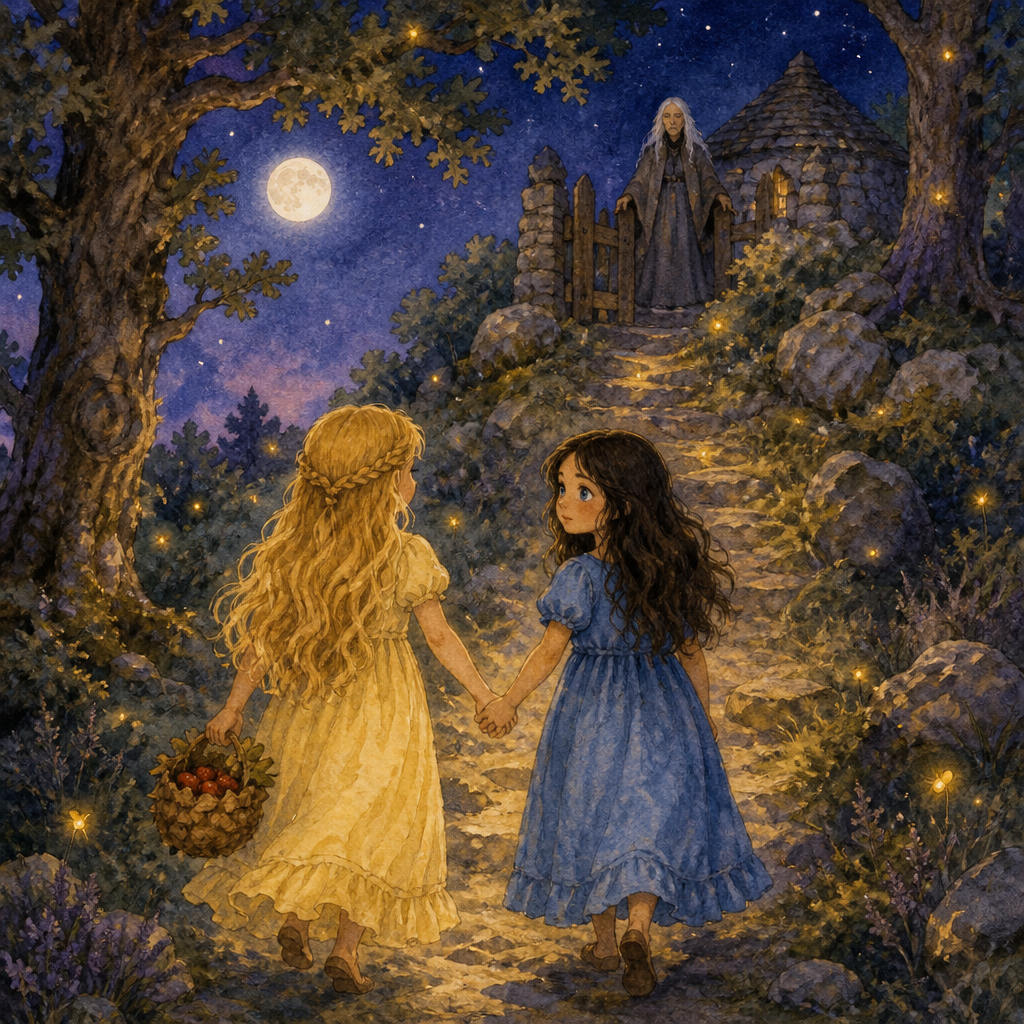 Two little girls climb a moonlit hill with a berry basket toward the wise woman's hut in Golden-Rod and Purple Aster.