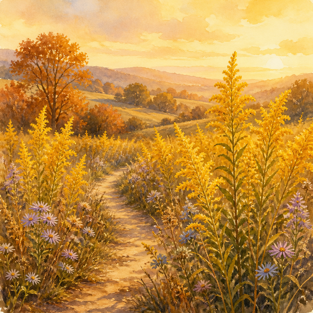 Golden-rod flowers glowing like golden torches along a quiet autumn meadow path, illustrating the poem Golden-Rod.