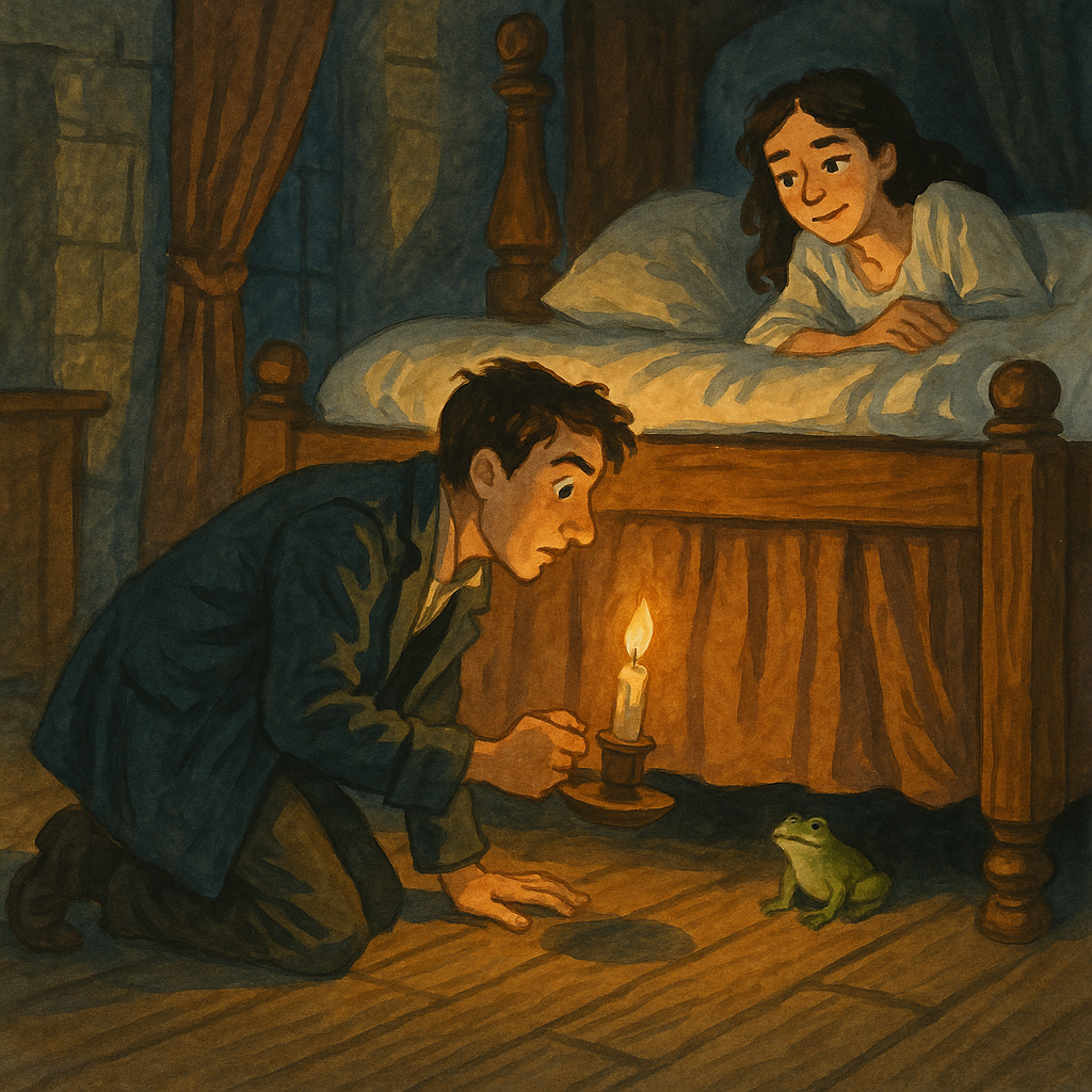 Cajusse crawls after a frog by candlelight while a noblewoman watches from her bed, in How Cajusse Was Married.