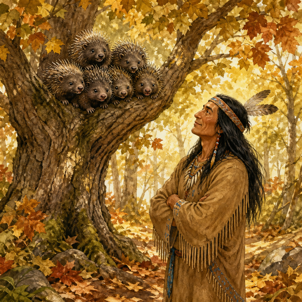 Little porcupines chatter their teeth in a chestnut tree as Manitou looks up, from How the Chestnut Burrs Became.