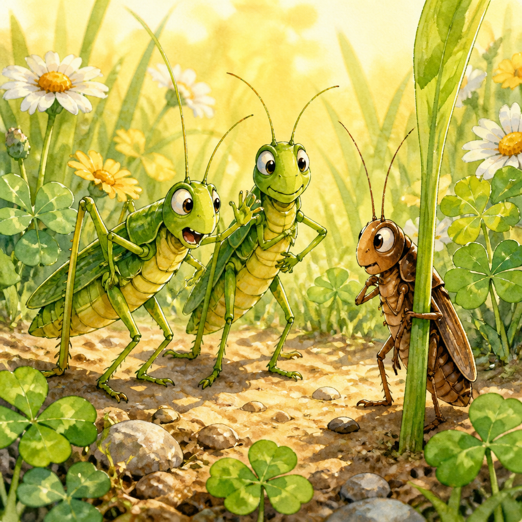 Katy-did the cricket and two green grasshoppers argue in a sunny garden in "How There Came to Be a Katy-Did"