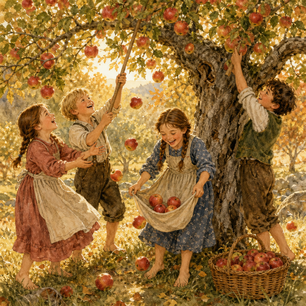 Children laughing as red apples shower down in the orchard, illustrating the poem In the Orchard by George Weatherby.