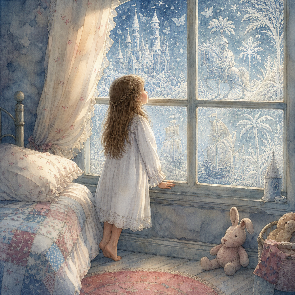 Child gazing at frost pictures of castles, knights and ships on a window in the poem Jack Frost by Gabriel Setoun