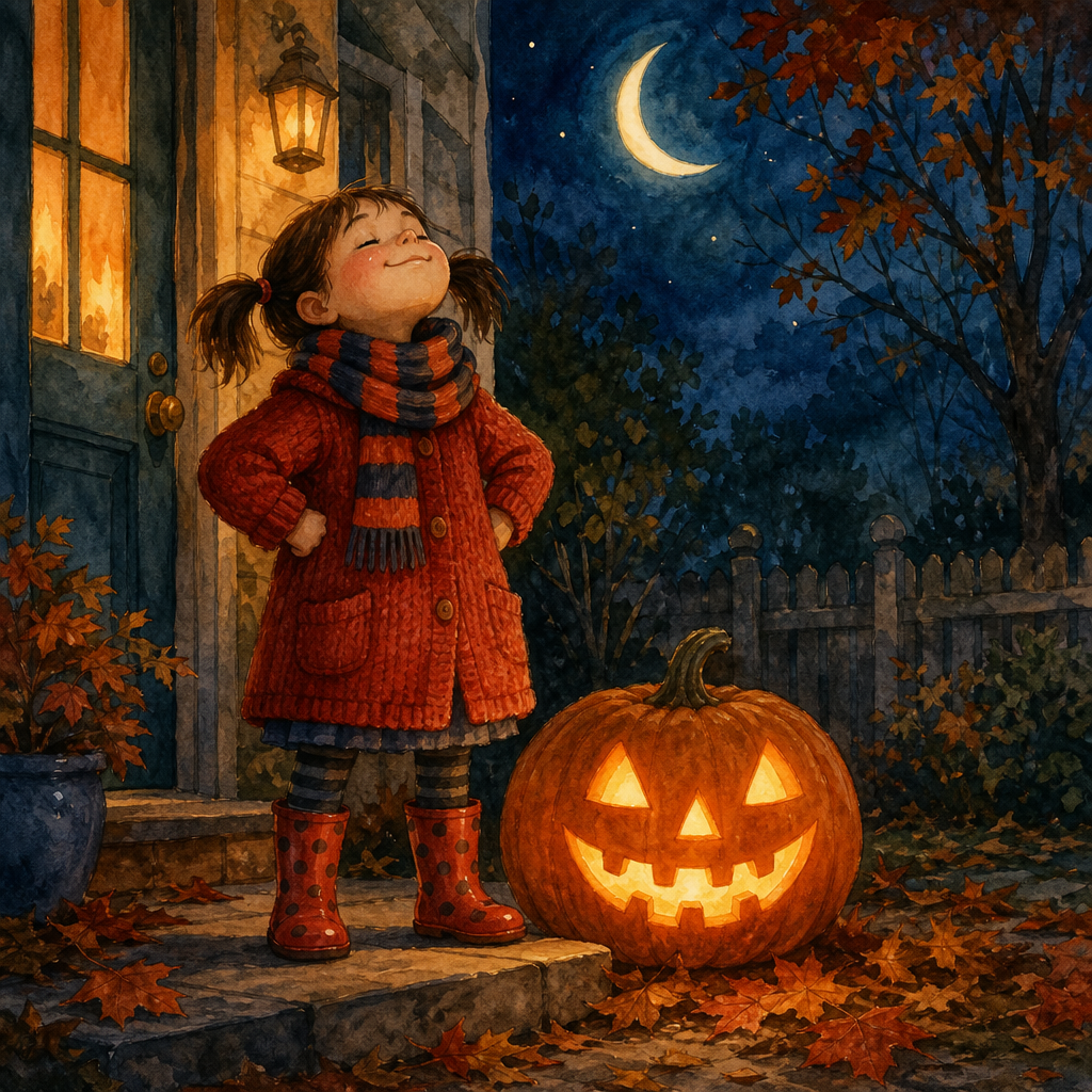 A brave child faces a glowing carved pumpkin in the poem Jack-o'-Lantern on a dark autumn night.