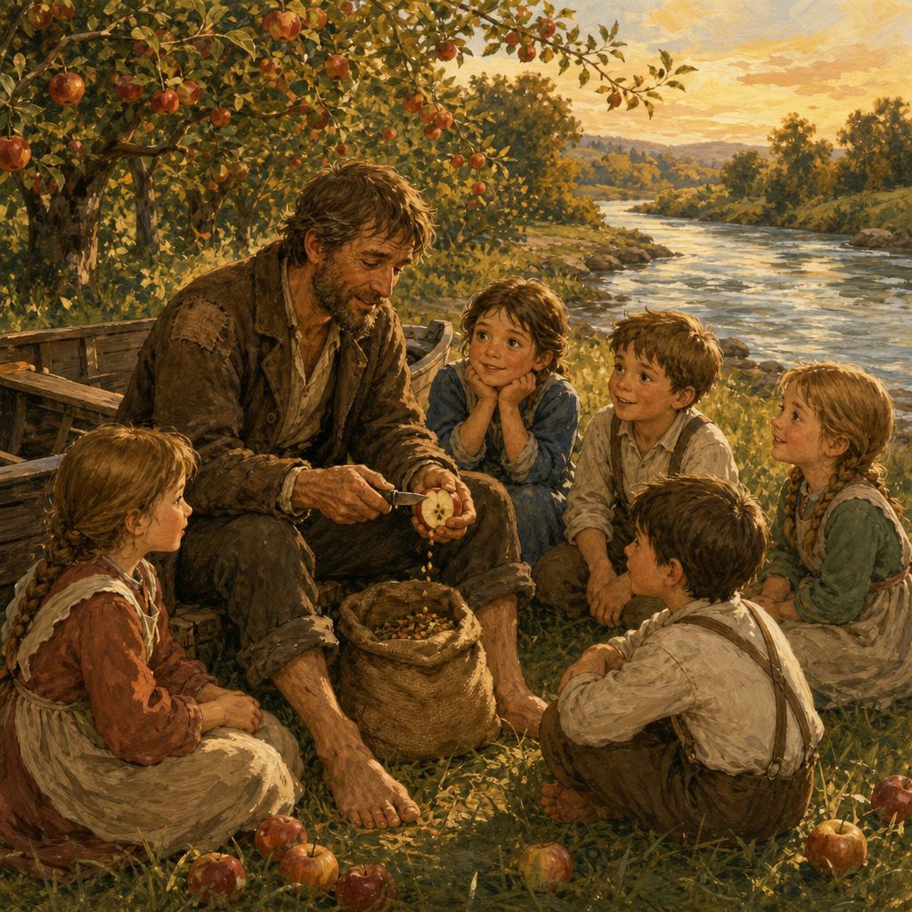 Johnny Appleseed cutting apples by his boat as village children listen to his stories beside the river