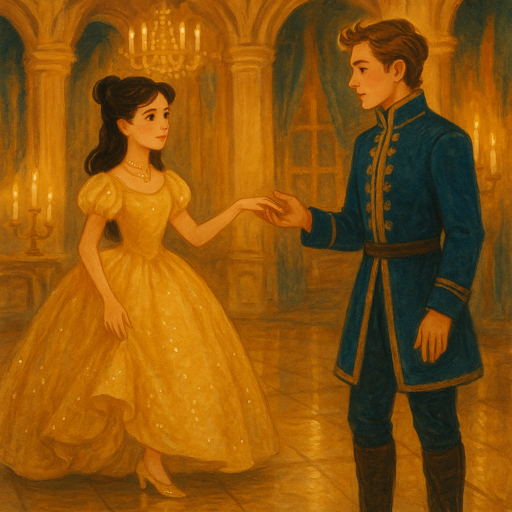 A young woman in a golden gown dances with an admiring king in the ballroom, in La Cenorientola.