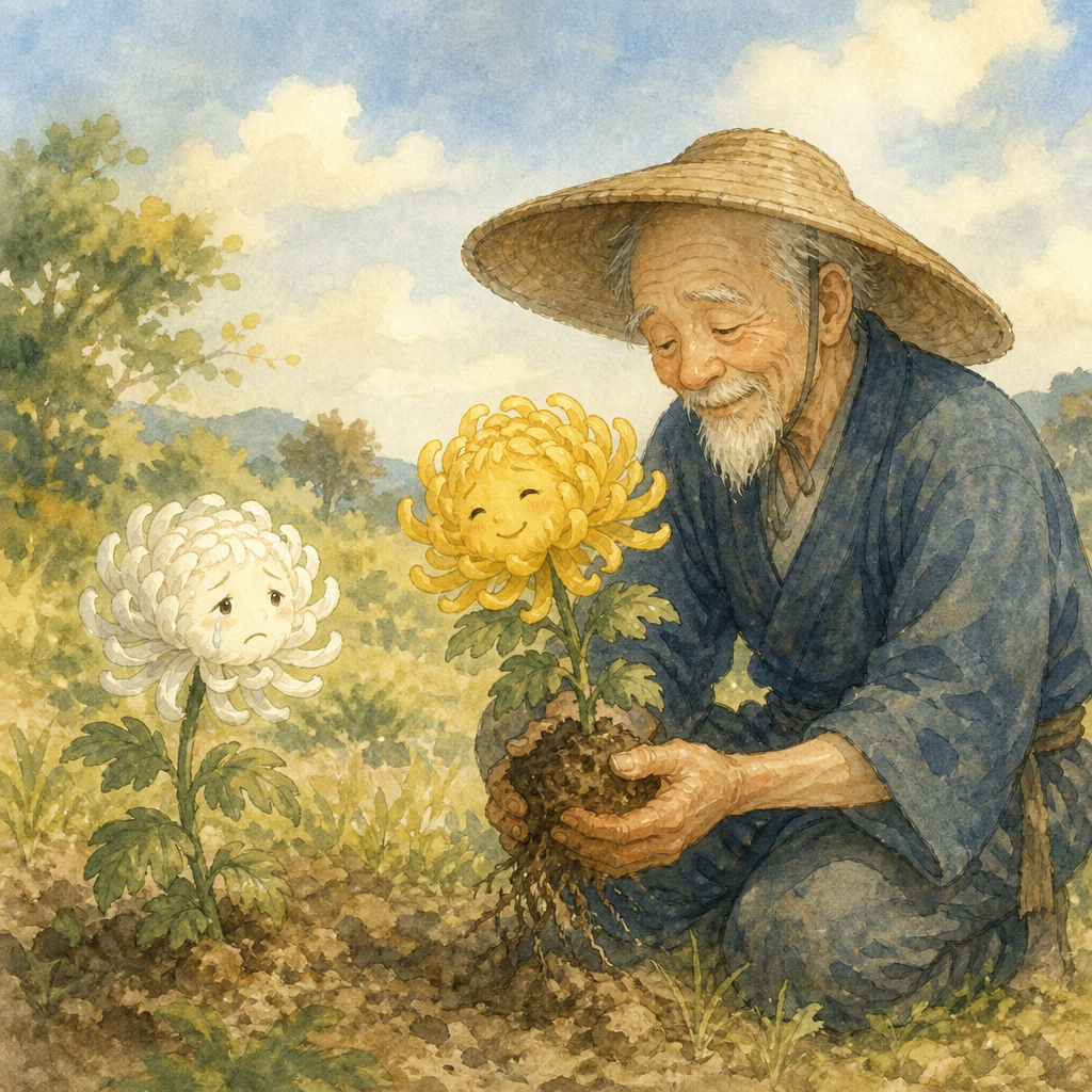 Old gardener lifting Lady Yellow from the meadow while Lady White watches sadly, from Lady White and Lady Yellow