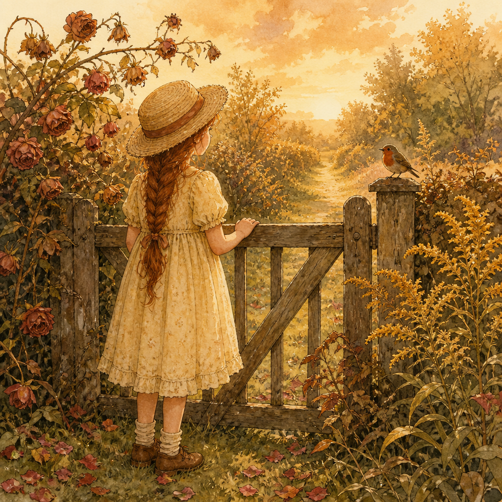 Girl waiting at a garden gate among fading roses and golden-rod in the poem Lost: The Summer
