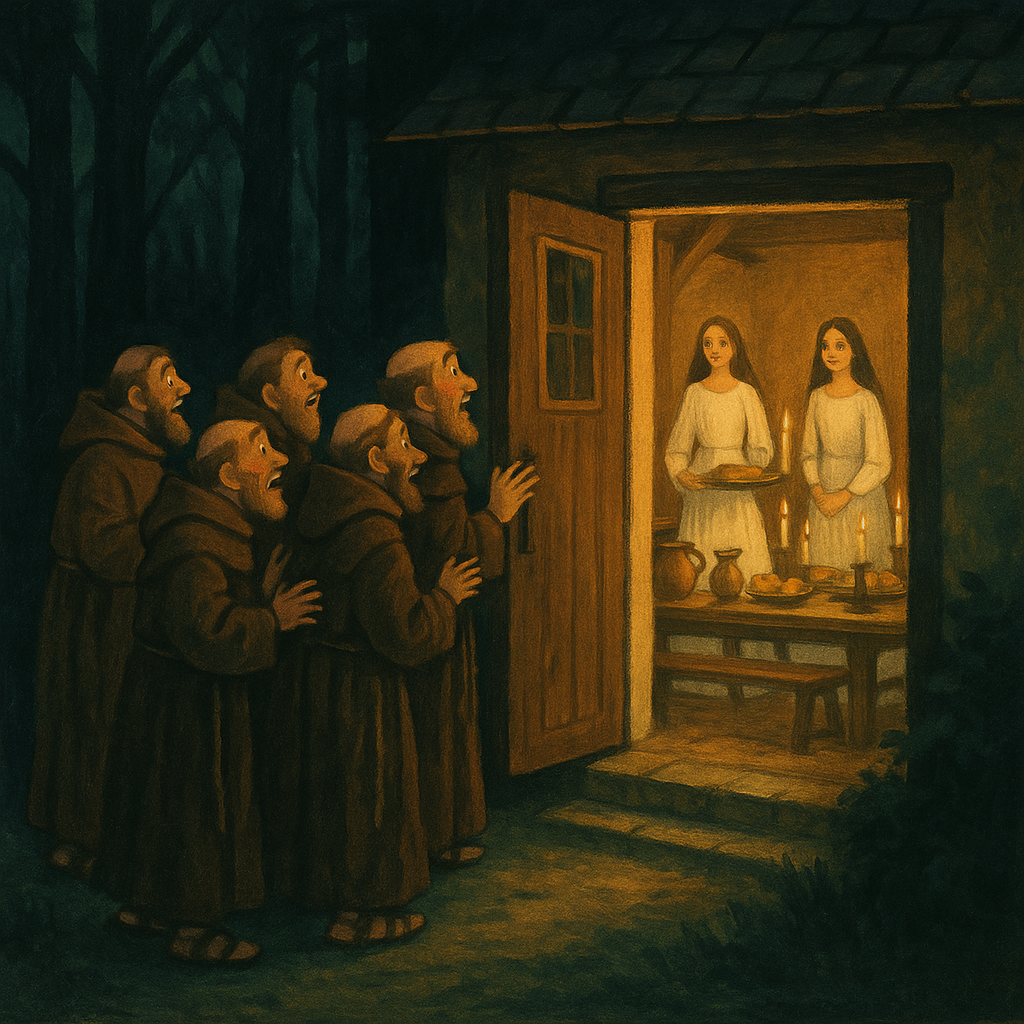 Friars arriving at a glowing inn in a dark forest, in the story Madonna's Inn by R.H. Busk