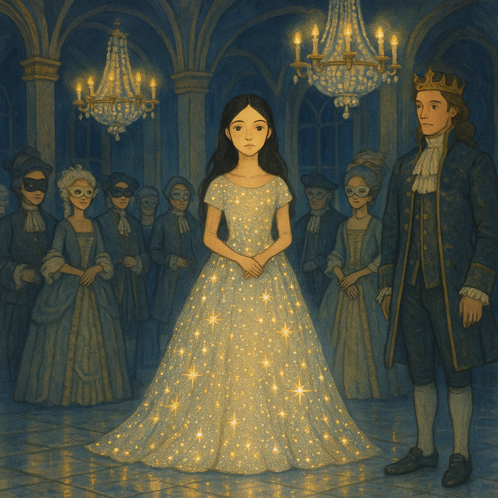 A radiant young woman in a dress of starlight stands in a grand ballroom in the fairy tale Maria Wood.
