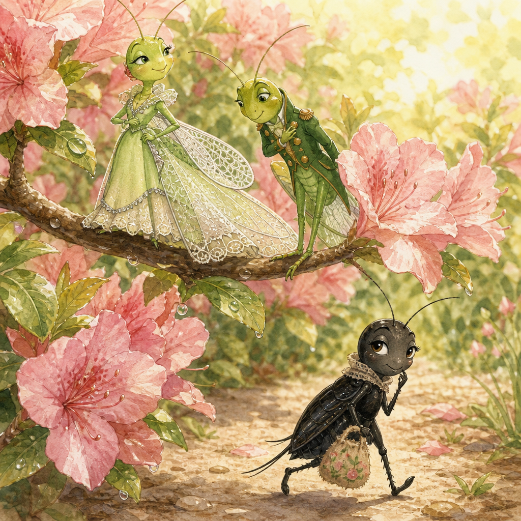 Miss Cricket story: a proud green Katy-Did and her Colonel cousin on an azalea branch as a black cricket hops away